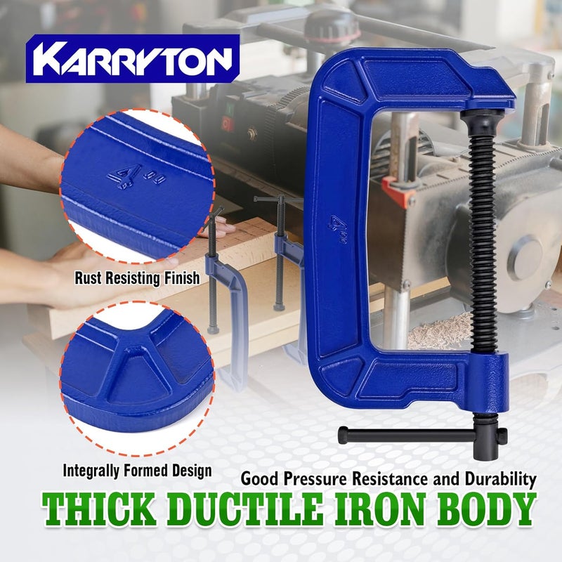 KARRYTON 4 inch C Clamps 4-Pack, 2-3/4"(70mm) Large Deep Throat, Ductile Iron C-Clamp w/ 1700LB Clamping Force, Unique Ergonomic Design for Welding, Woodworking, Metal and DIY Projects - Image 4